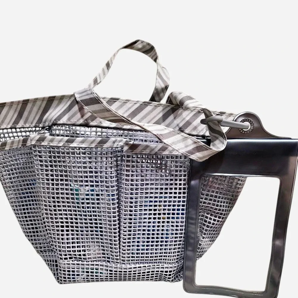 Grey striped mesh shower caddy with clear bottom